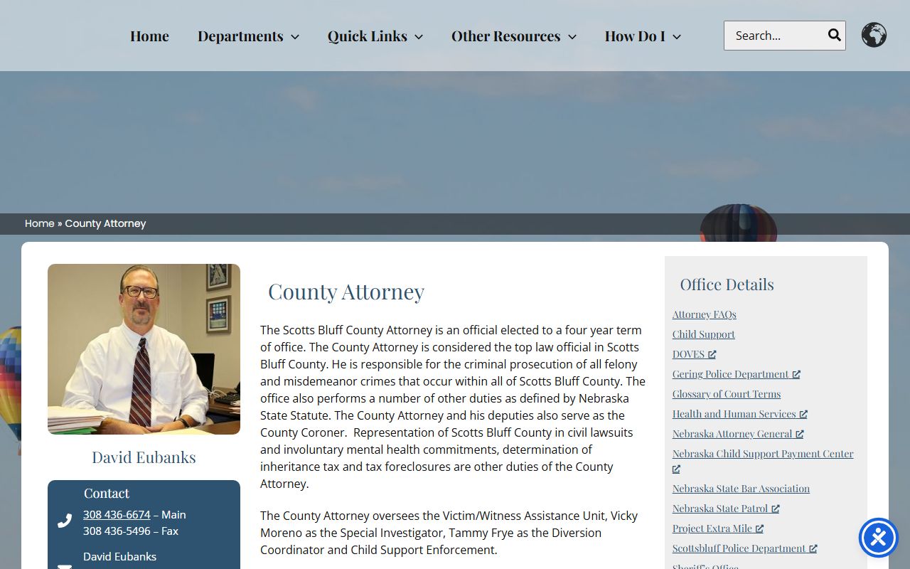 Scotts Bluff County Attorney page showing prosecutor office contacts and duties